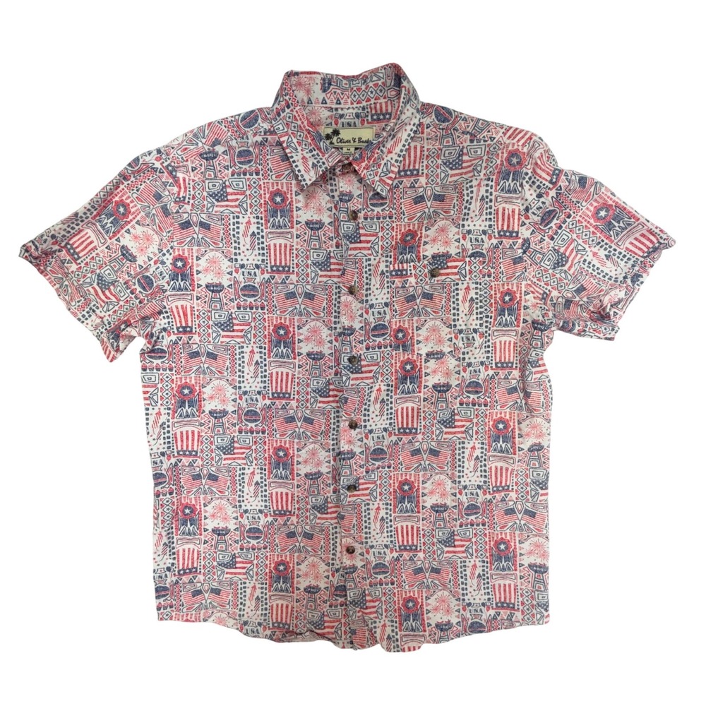 Oliver & Burke Mens Medium Patriotic Americana USA Flag BBQ Button Up Shirt‎ Red